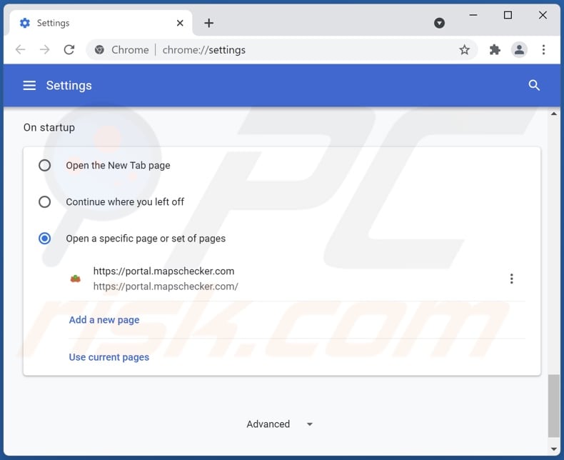 Eliminando mapschecker.com de la página de inicio de Google Chrome