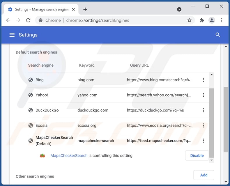 Eliminando mapschecker.com del motor de búsqueda predeterminado de Google Chrome