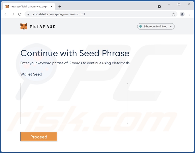 Sitio web de phishing promovido por la estafa por email MetaMask