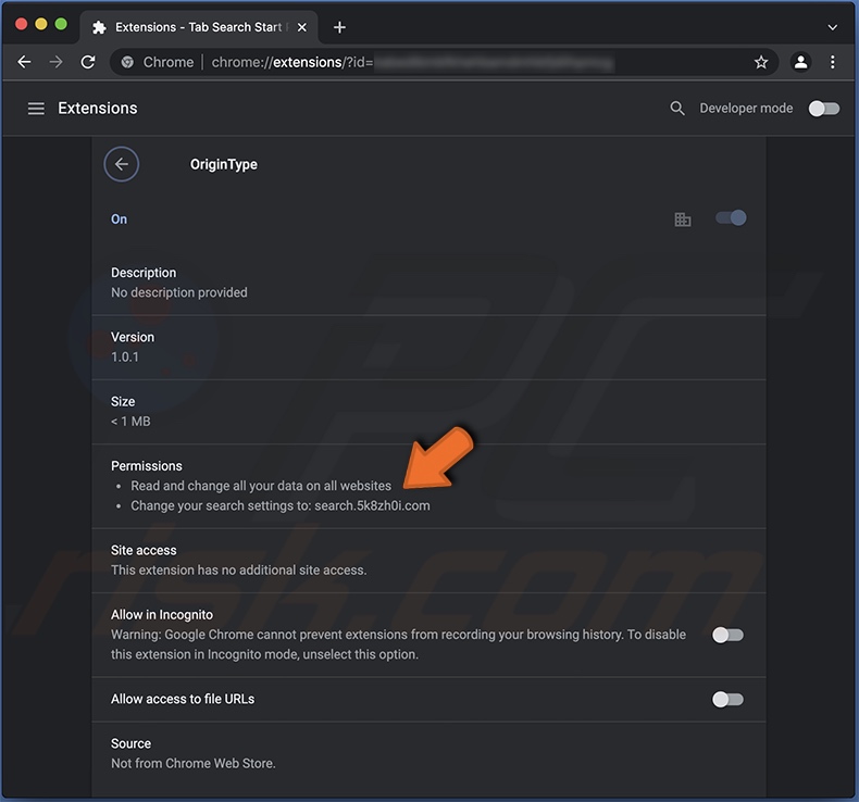 Permisos del secuestrador de navegador OriginType en Chrome