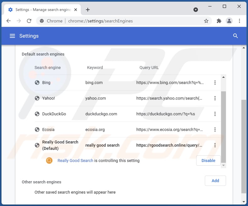 Eliminando rgoodsearch.online del motor de búsqueda predeterminado de Google Chrome