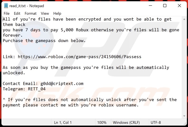 Archivo de texto del ransomware Robux (read_it.txt)