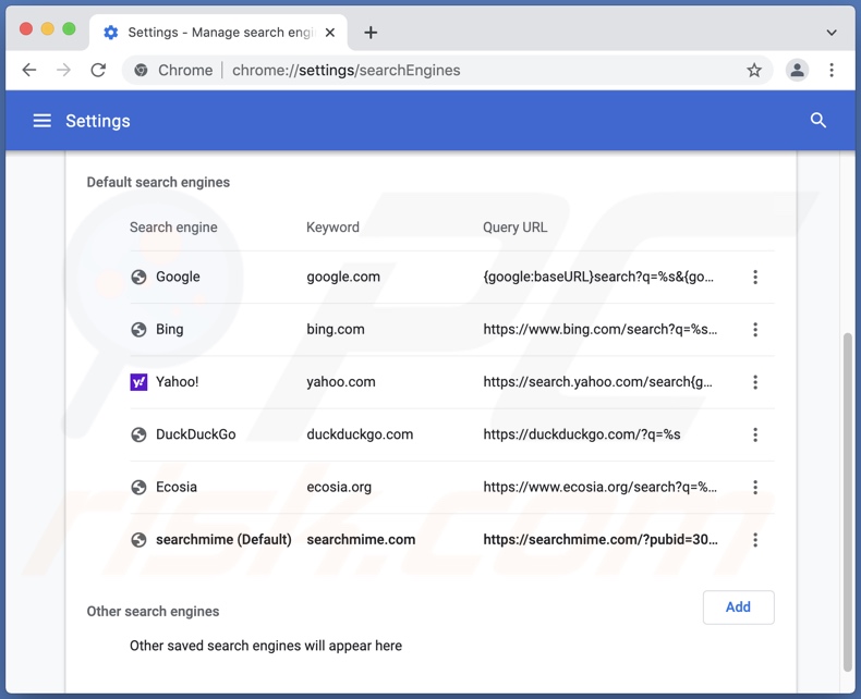 El secuestrador de navegador searchmime.com configurado como motor de búsqueda predeterminado en Google Chrome