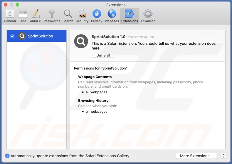 Adware SprintSolution instalado en Safari