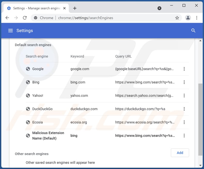 Eliminando bing.com del motor de búsqueda predeterminado de Google Chrome