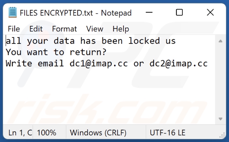 Archivo de texto del ransomware DC (FILES ENCRYPTED.txt)