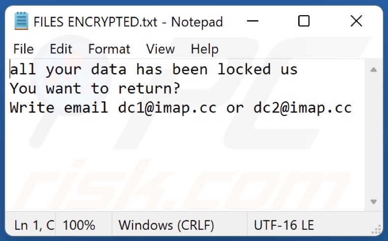 Archivo de texto del ransomware DC (FILES ENCRYPTED.txt)