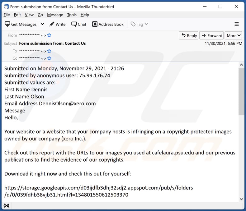 Campaña de spam por correo electrónico de notificación de infracción de derechos de autor de la DMCA virus de propagación de malware