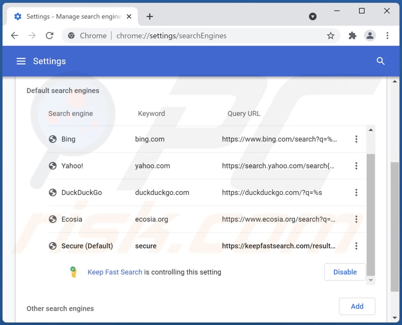 Eliminando keepfastsearch.com del motor de búsqueda predeterminado de Google Chrome