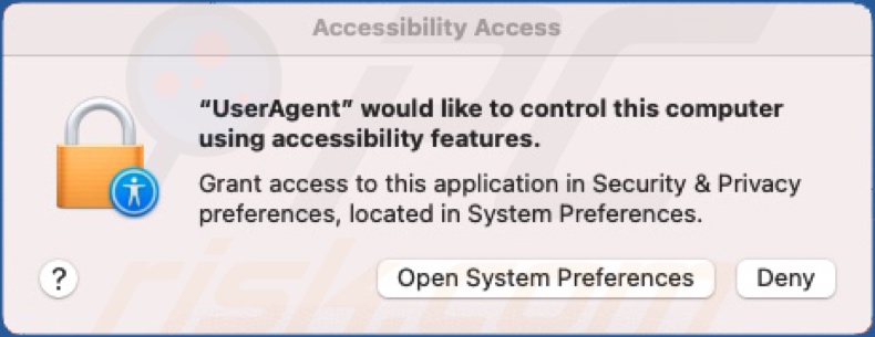El malware backdoor macOS.Macma solicita permiso para utilizar las funciones de accesibilidad