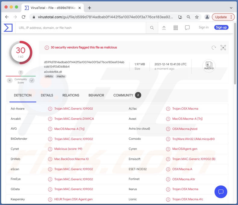 Detecciones del malware macOS.Macma en VirusTotal