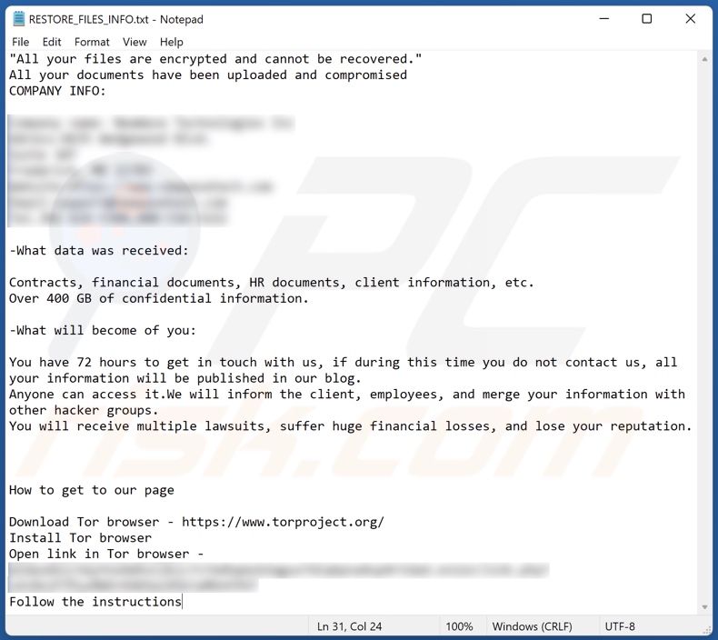 Archivo de texto del ransomware Midas (RESTORE_FILES_INFO.txt)