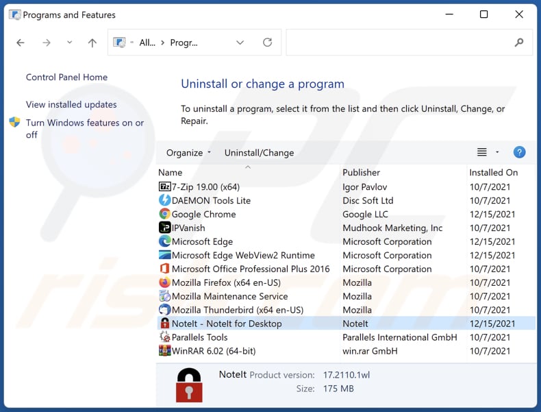 Desinstalar el adware NoteIt a través del Panel de Control