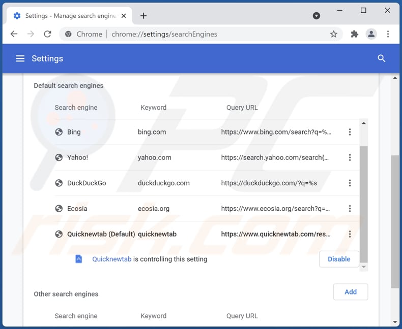 Eliminando quicknewtab.com del motor de búsqueda predeterminado de Google Chrome