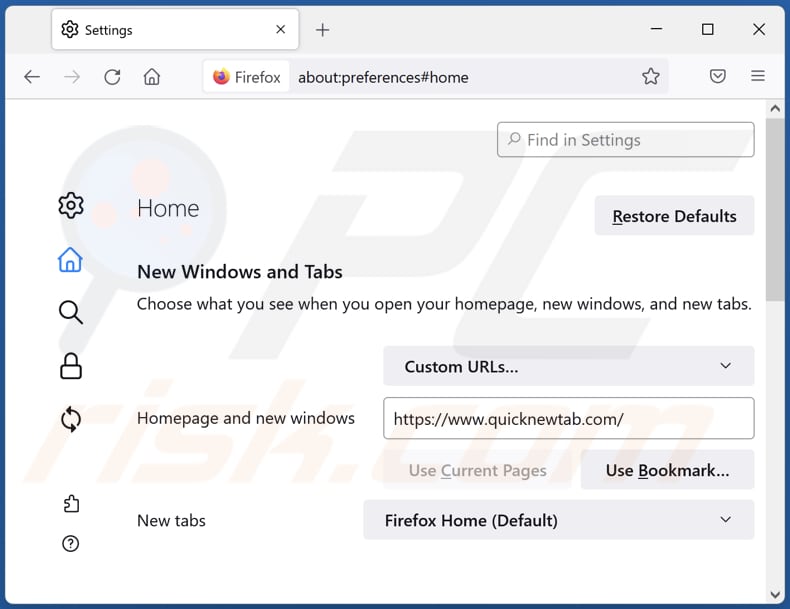 Eliminando quicknewtab.com de la página de inicio de Mozilla Firefox