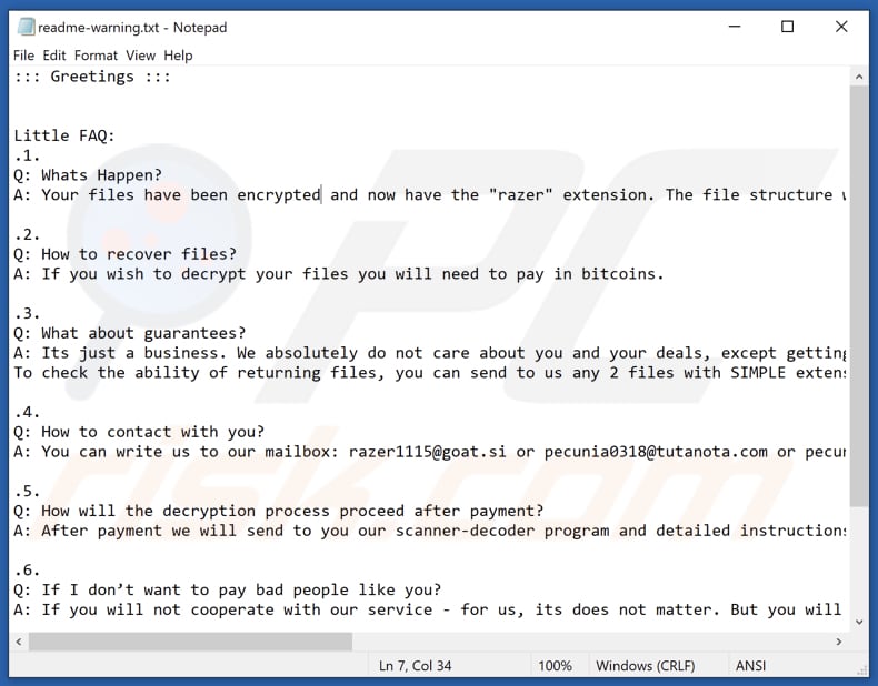 Archivo de texto del ransomware Razer (readme-warning.txt)