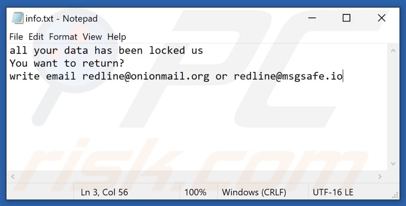 Archivo de texto info.txt de la nota de rescate del ransomware RED