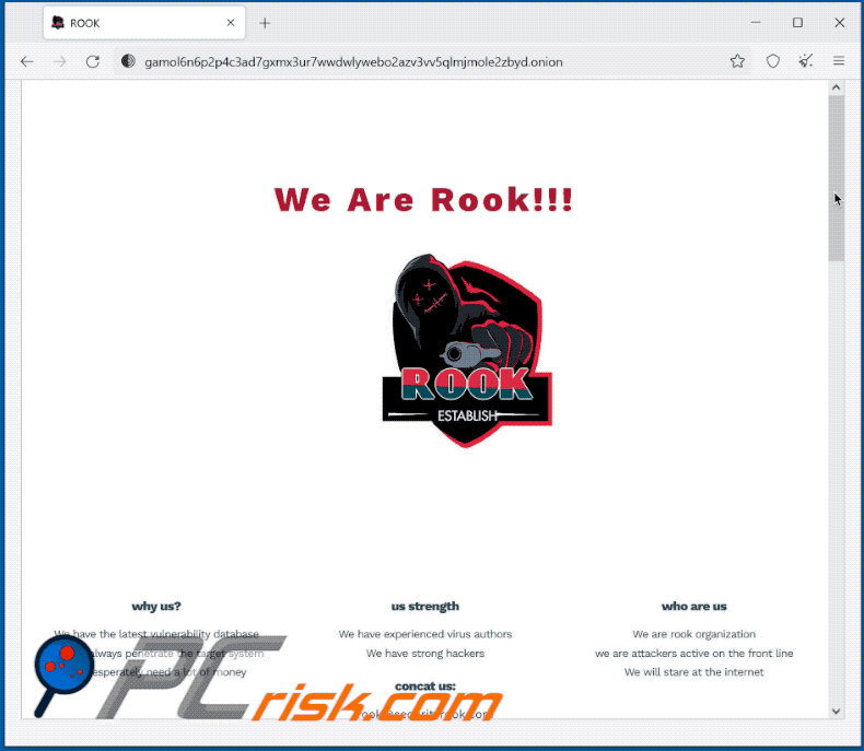 Sitio web del ransomware Rook en Tor (2021-12-03)