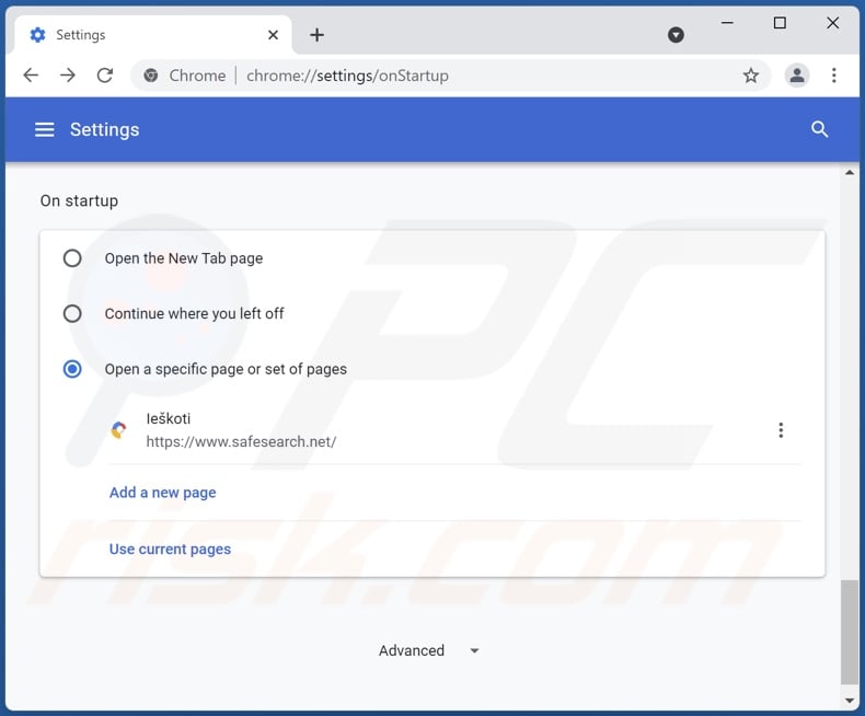 Eliminando safesearch.net de la página de inicio de Google Chrome