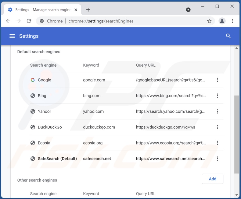 Eliminando safesearch.net del motor de búsqueda predeterminado de Google Chrome