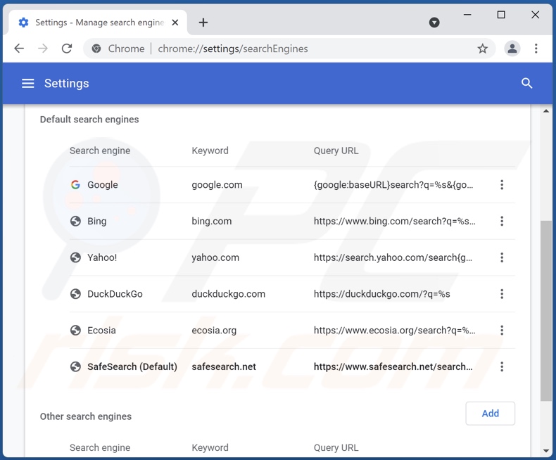 Eliminando safesearch.net del motor de búsqueda predeterminado de Google Chrome