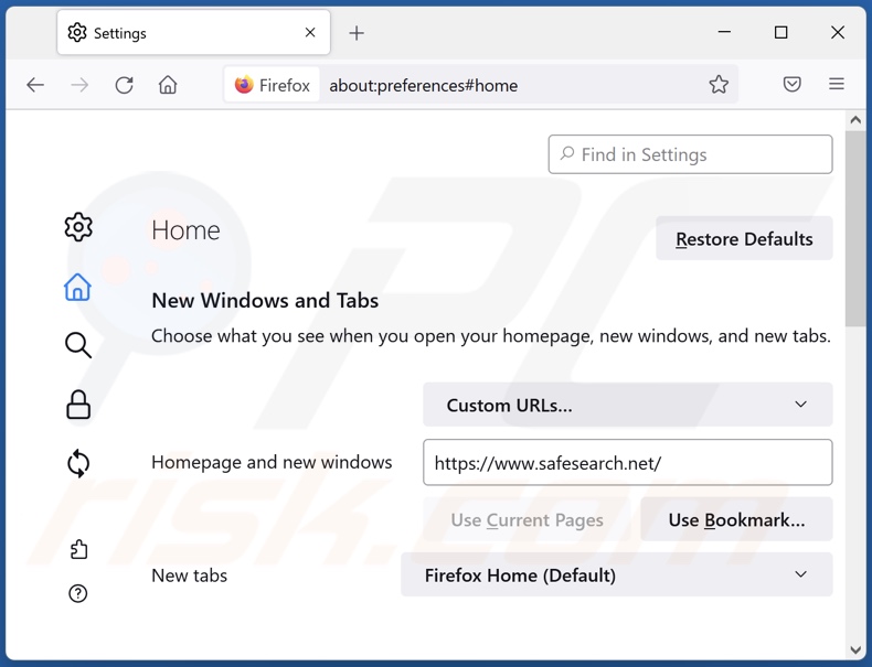 Eliminando safesearch.net de la página de inicio de Mozilla Firefox