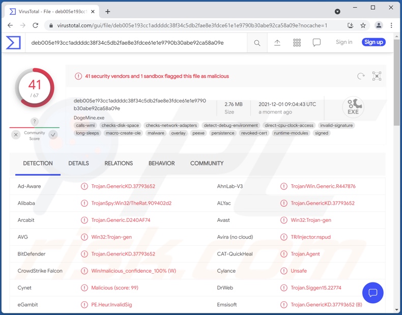 Detecciones del malware SpyAgent en VirusTotal