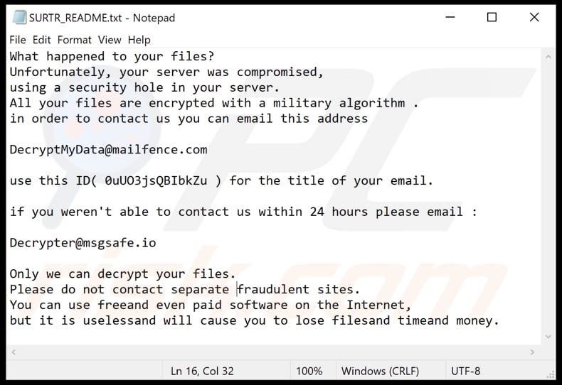 Archivo de texto de la nota de rescate del ransomware Surtr