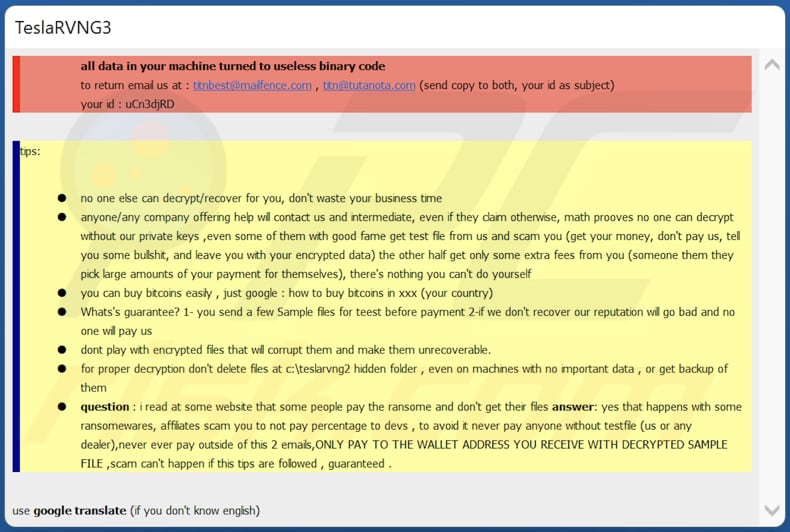 El archivo de texto del ransomware TeslaRVNG3 (teslarvng3.hta)