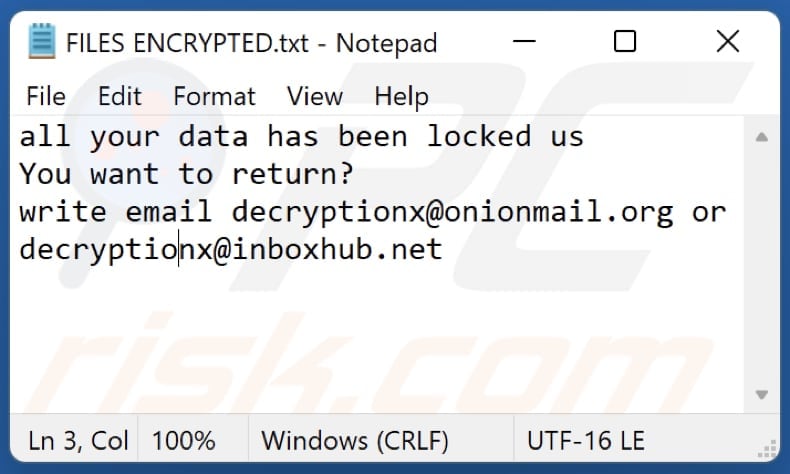 Archivo ENCRYPTED.txt del ransomware Xqxqx