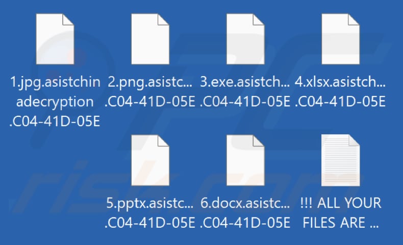 Archivos encriptados por Asistchinadecryption ransomware (.asistchinadecryption e ID de la víctima como extensión)