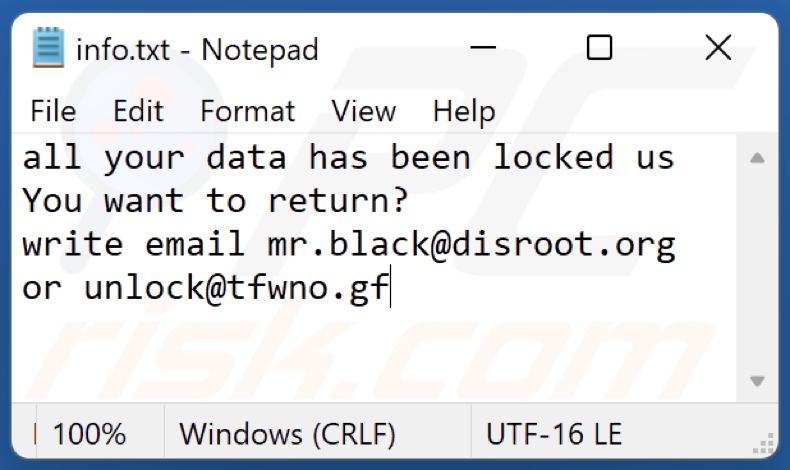 Archivo de texto del ransomware Bl (info.txt)