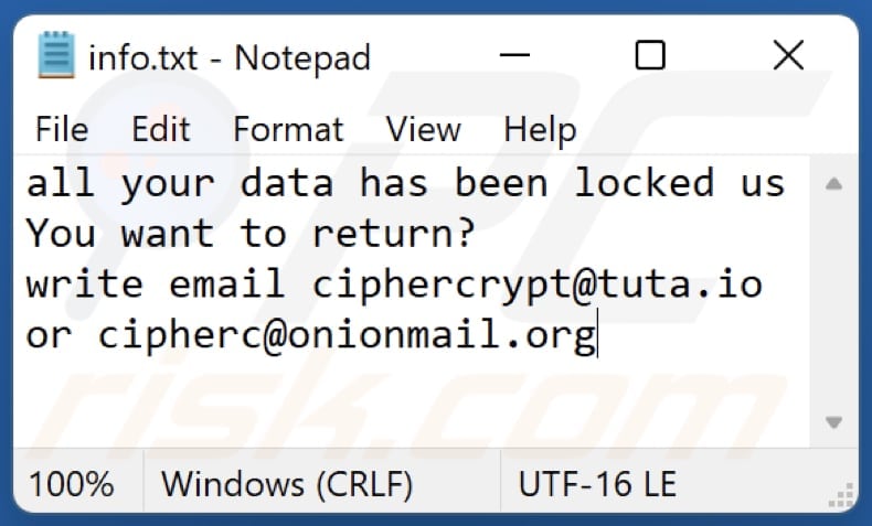 Archivo de texto del ransomware Cip (info.txt)