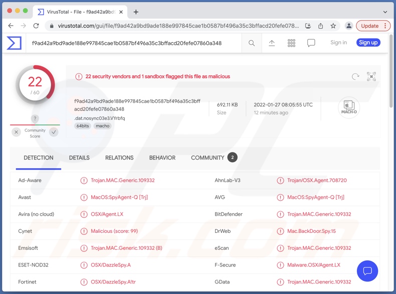 Detecciones del malware DazzleSpy en VirusTotal