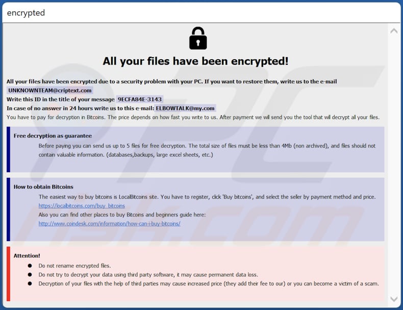 Ventana emergente ransomware ELBOW