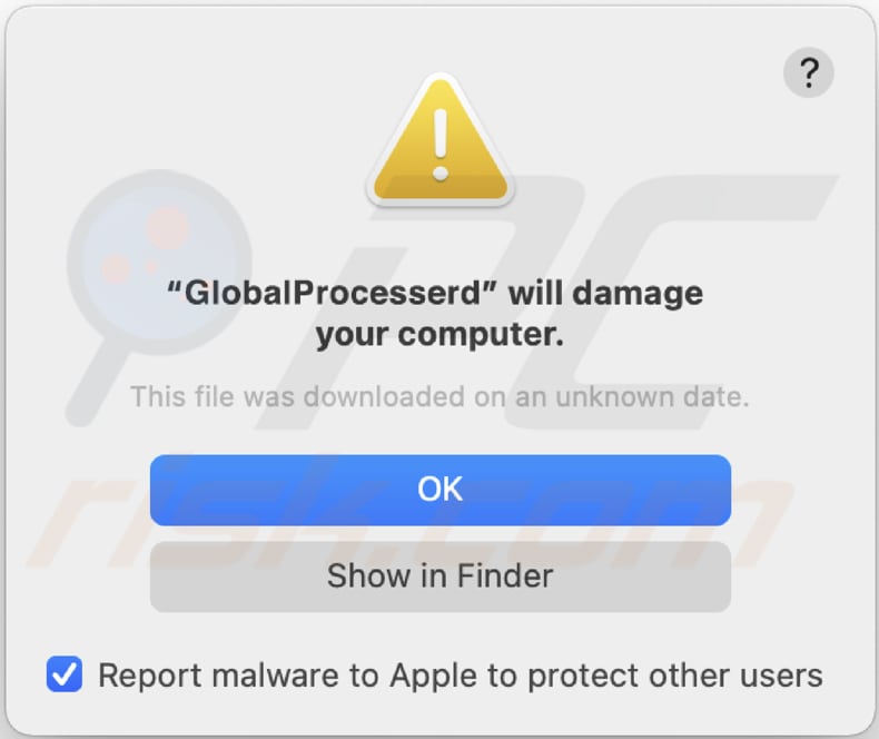 Ventana emergente de adware GlobalProcesser que aparece mientras el adware está presente