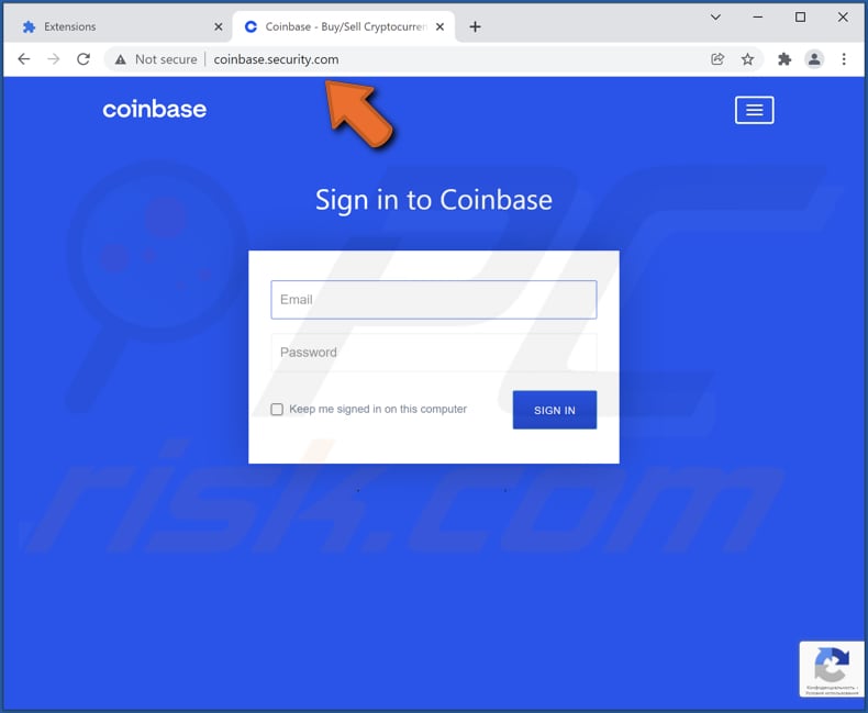 Página CoinBase falsa de la estafa 