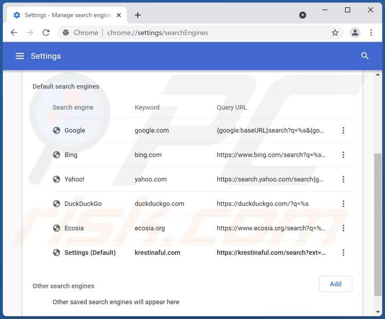 Eliminando krestinaful.com del motor de búsqueda predeterminado de Google Chrome