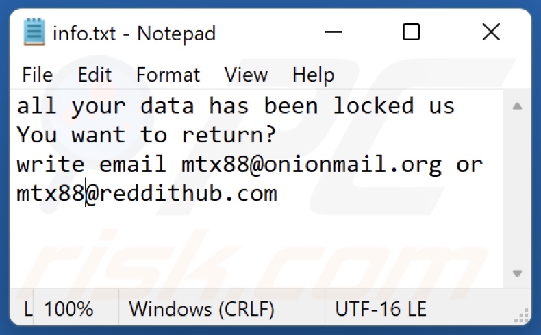 Archivo de texto del ransomware MTX (info.txt)