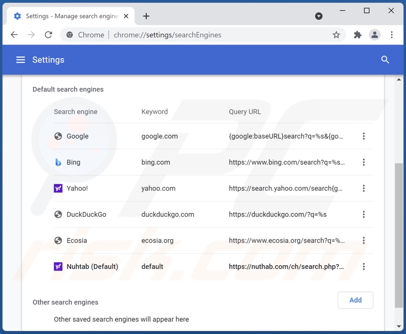 Eliminando nuhtab.com del motor de búsqueda predeterminado de Google Chrome