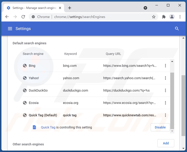 Eliminando quicknewtab.com del motor de búsqueda predeterminado de Google Chrome