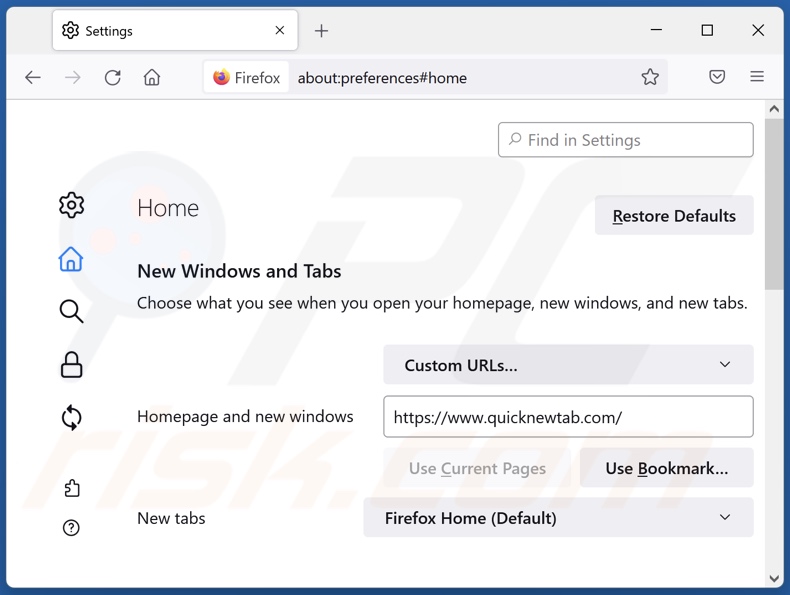 Eliminando quicknewtab.com de la página de inicio de Mozilla Firefox