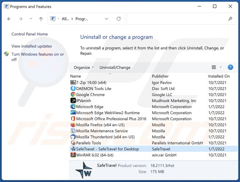 Desinstalar el adware SafeTravel a través del Panel de Control