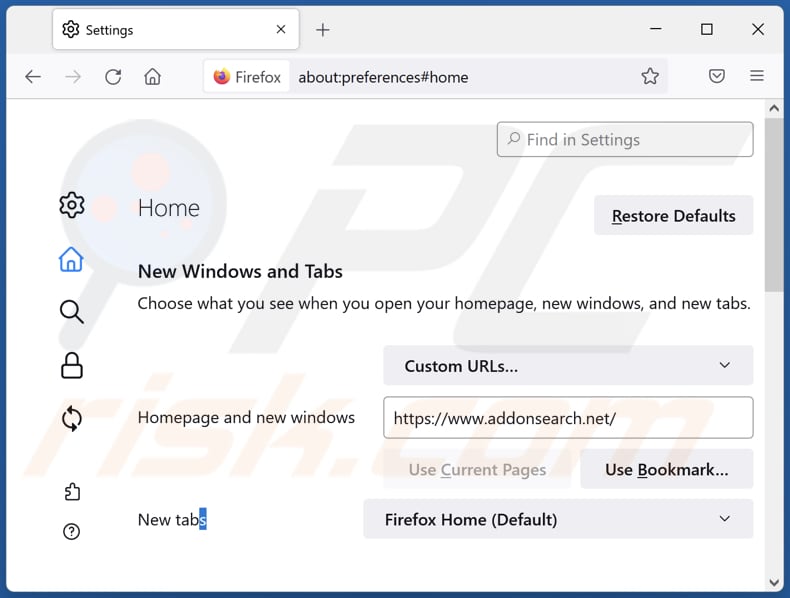 Eliminando addonsearch.net de la página de inicio de Mozilla Firefox