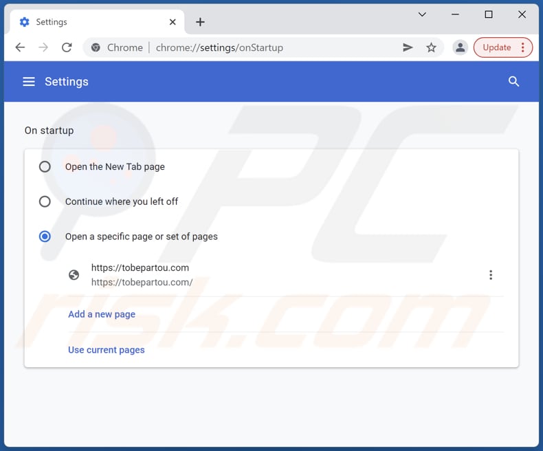 Eliminando tobepartou.com de la página de inicio de Google Chrome