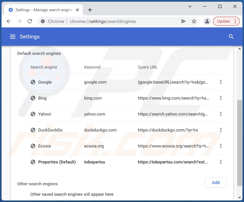 Eliminando tobepartou.com del motor de búsqueda predeterminado de Google Chrome