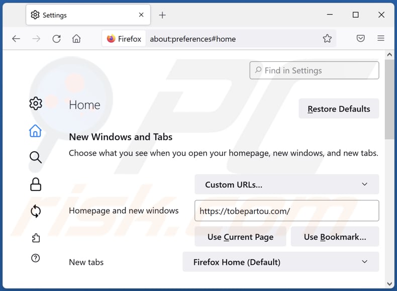 Eliminando tobepartou.com de la página de inicio de Mozilla Firefox