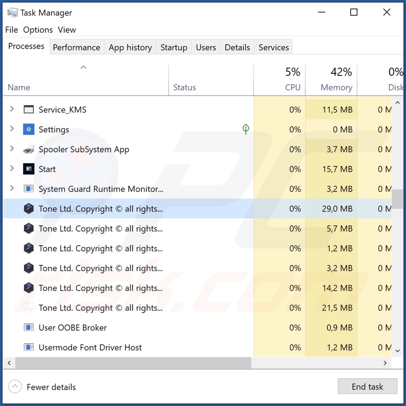 Otro ejemplo de proceso de adware Tone (Tone Ltd. Copyright © all rights reserved - nombre del proceso)