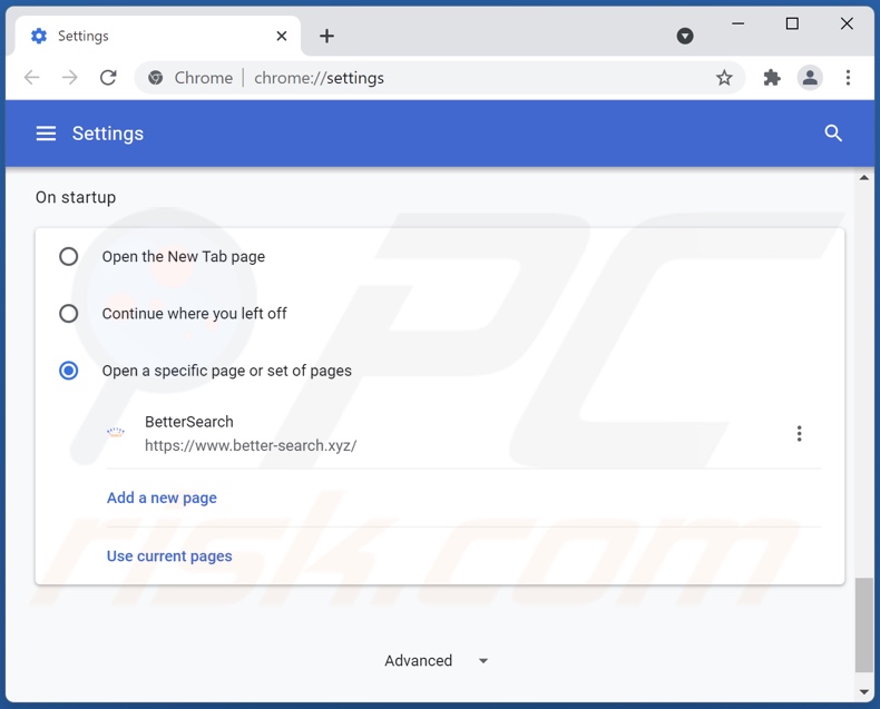 Eliminar better-search.xyz de la página de inicio de Google Chrome