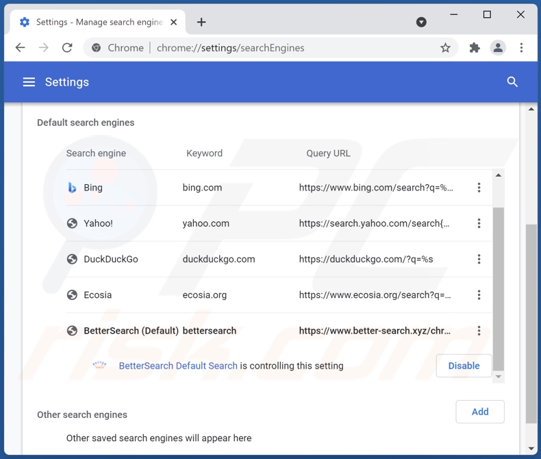 Eliminar better-search.xyz del motor de búsqueda predeterminado de Google Chrome